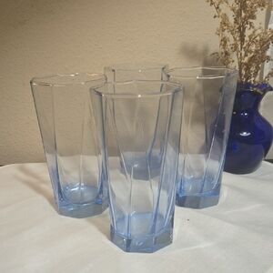Vintage Libbey Set of Four Blue Swirled Octagonal 12oz Glass Tumblers